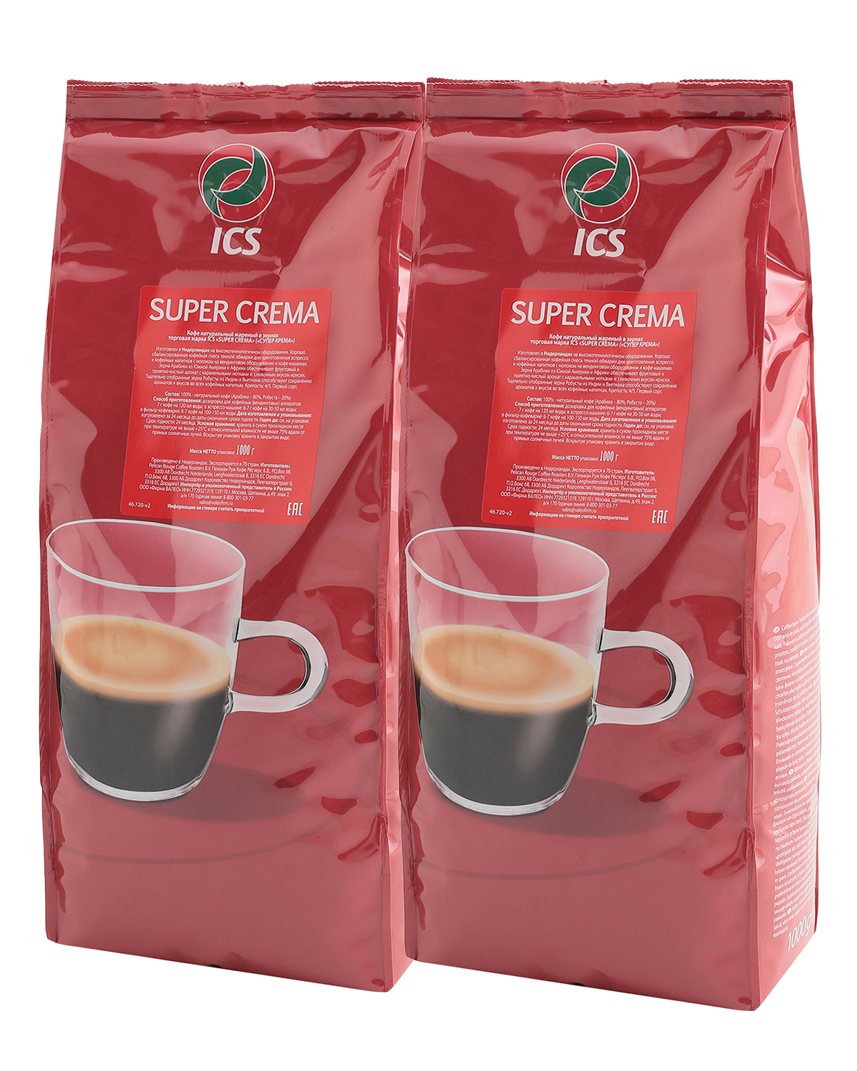 Кофе в зернах ICS "SUPER CREMA" (80% A)  набор из 2 шт по 1 кг